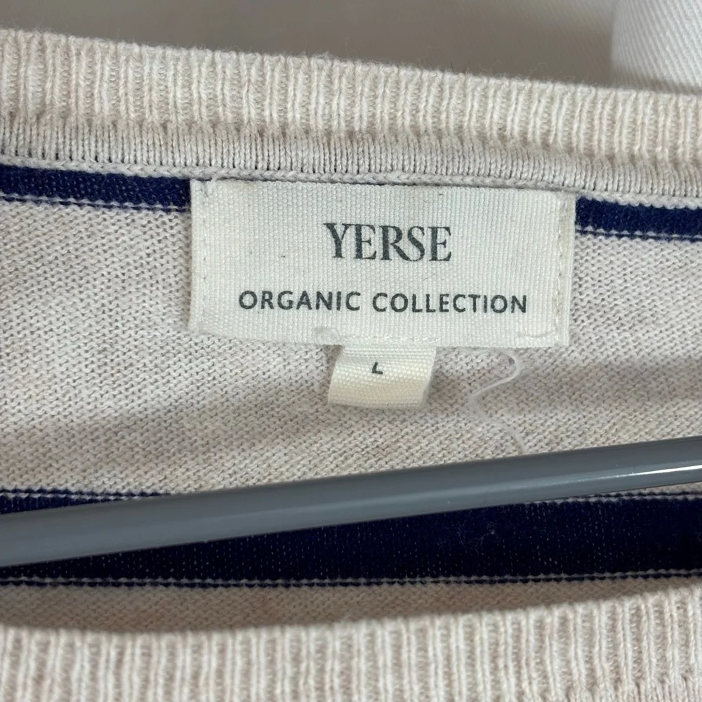 Women's YERSE Beige & Navy Striped Breton Crew Neck Sweater Size L - Picture 4 of 4